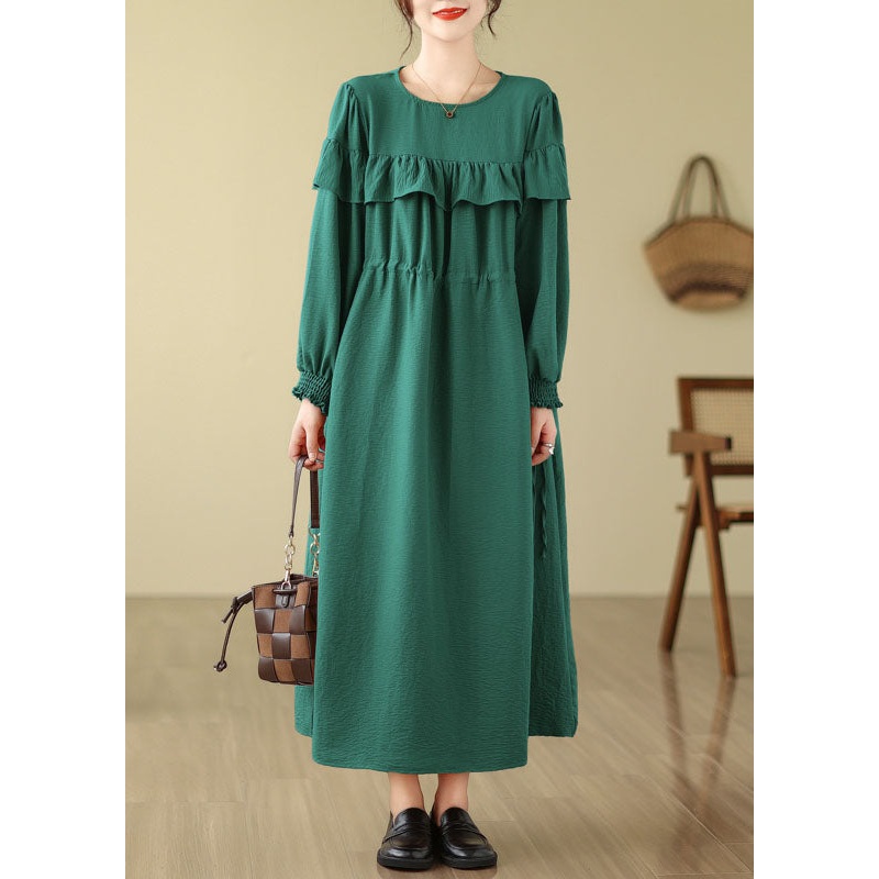 French Green O-Neck Ruffled Patchwork Drawstring Party Long Dress Fall