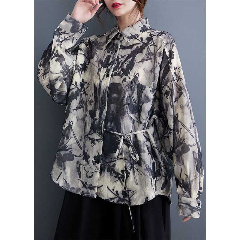 French Print Tie Waist Button Shirts Long Sleeve