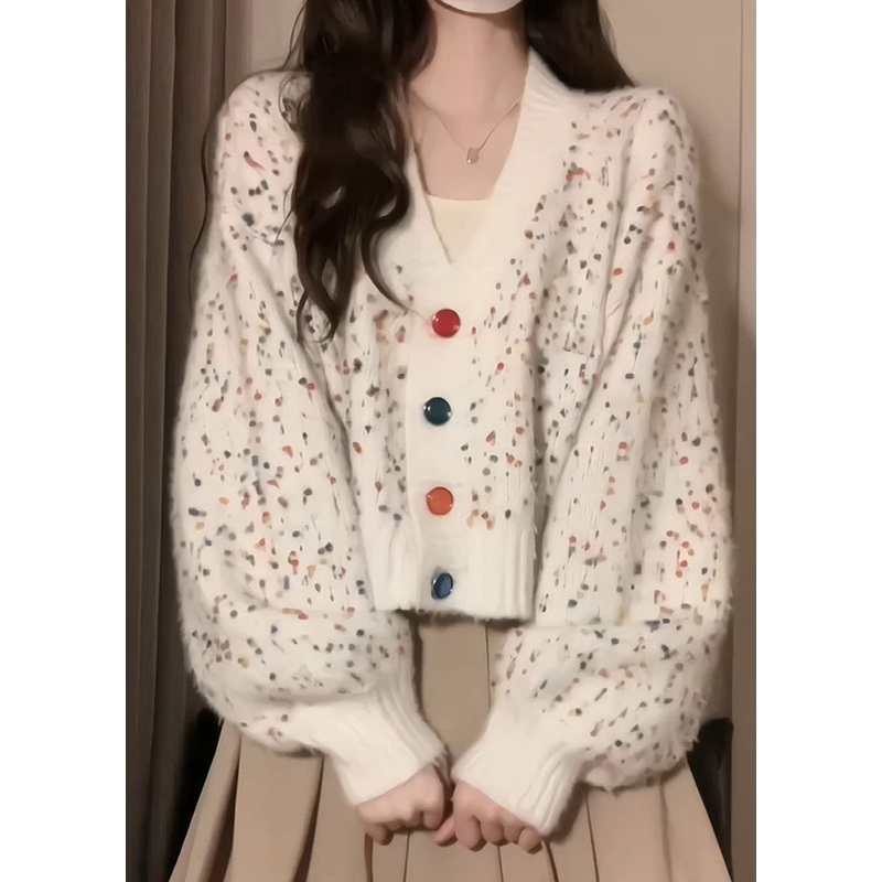 French White V Neck Button Patchwork Knit Loose Cardigan Fall