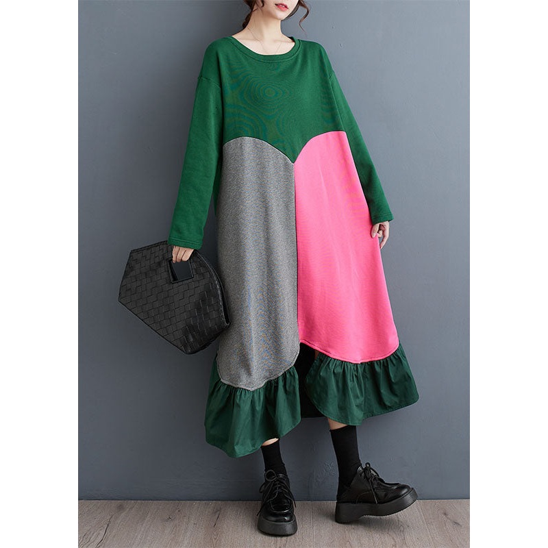 Green Wrinkled Asymmetrical Design Long Dress Fall