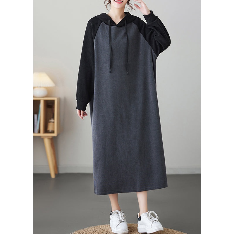 Grey Patchwork Loose Long Hooded Sweatshirt Dresses Winter