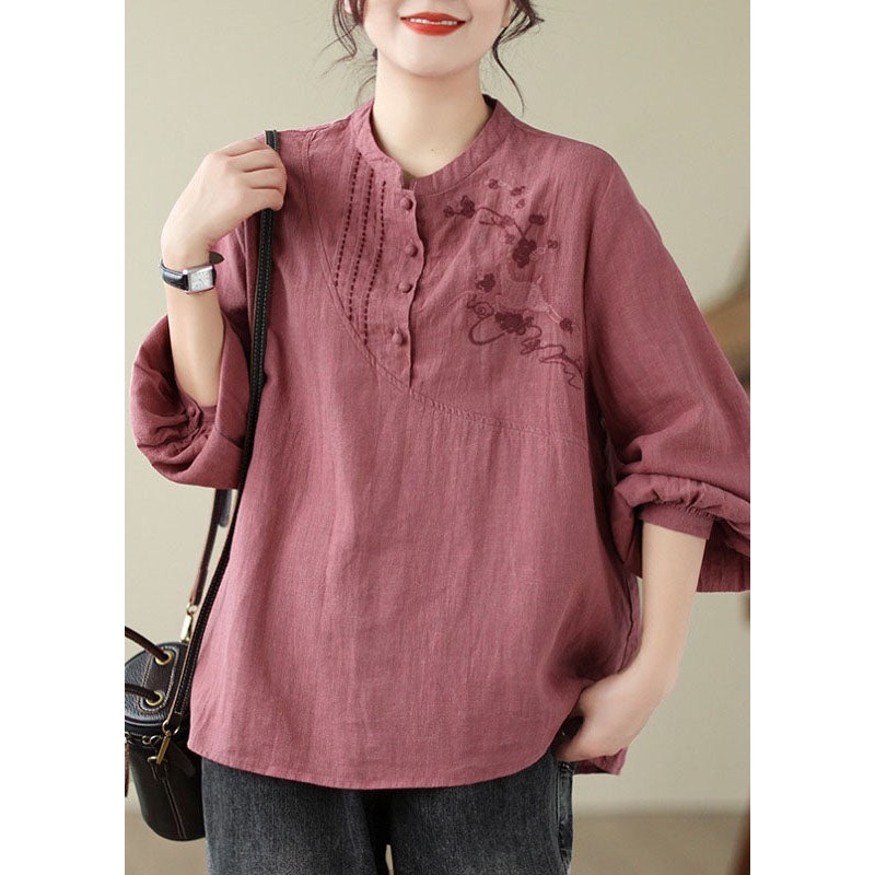 Handmade Brick Red Stand Collar Embroideried Patchwork Shirts Fall