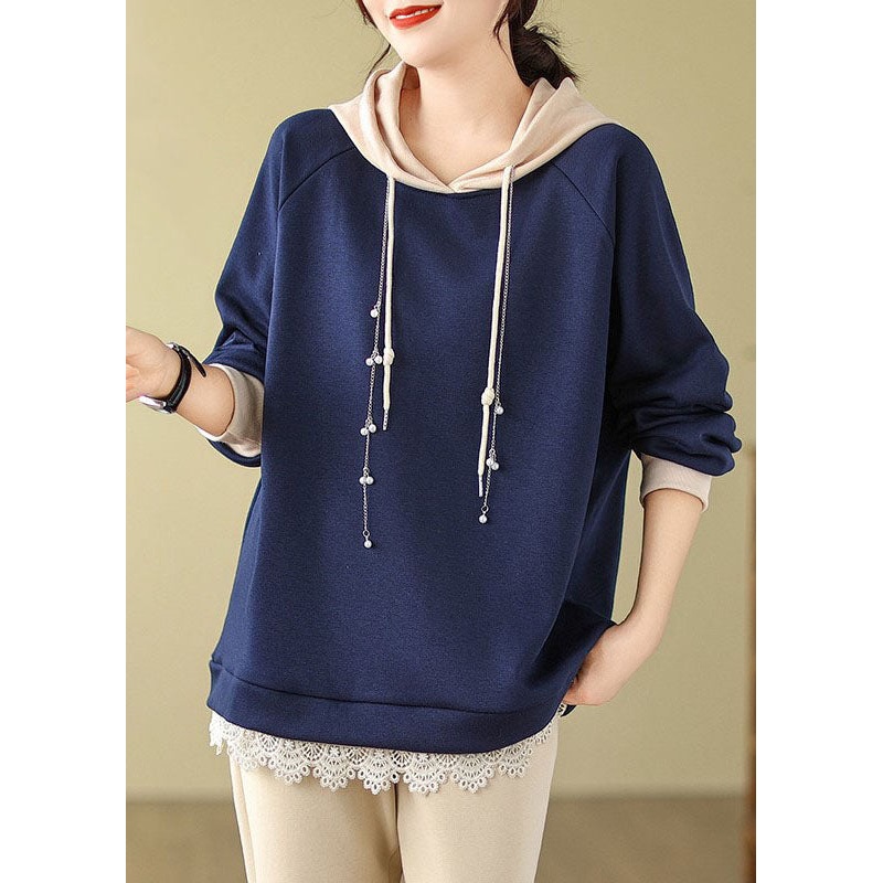 Italian Navy Blue Drawstring Lace Patchwork Fleece Hoodie Sweatshirts Long Sleeve