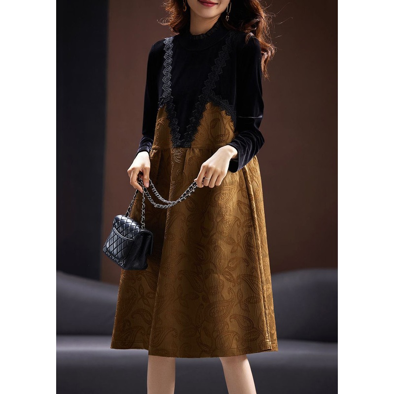 Jacquard Khaki Lace Patchwork False Two Pieces Silk Velour Dresses Spring