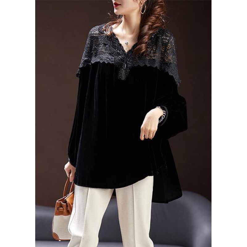 Loose Black V Neck Lace Patchwork Silk Velour Tops Spring