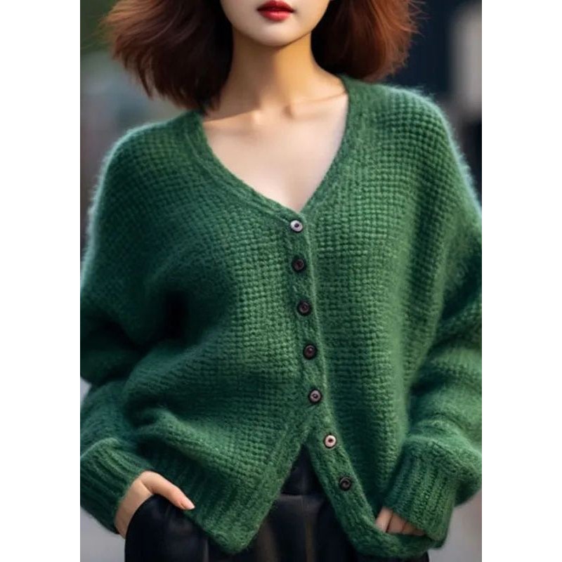 Loose Green V Neck Button Patchwork Cotton Knit Top Spring
