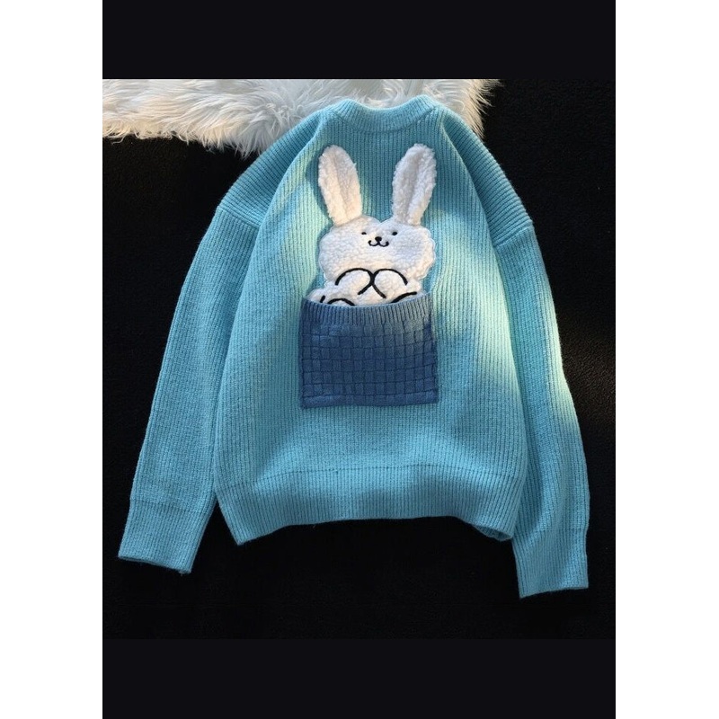 Modern Blue O Neck Character Thick Patchwork Knit Sweater Fall