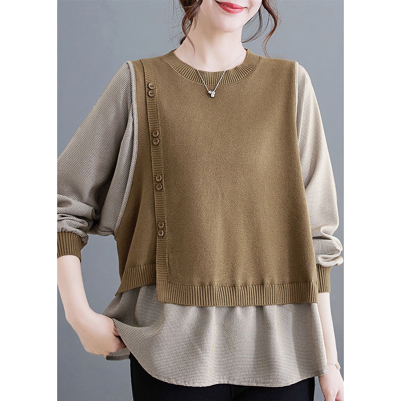 Modern Camel O-Neck Knit Patchwork Top Fall