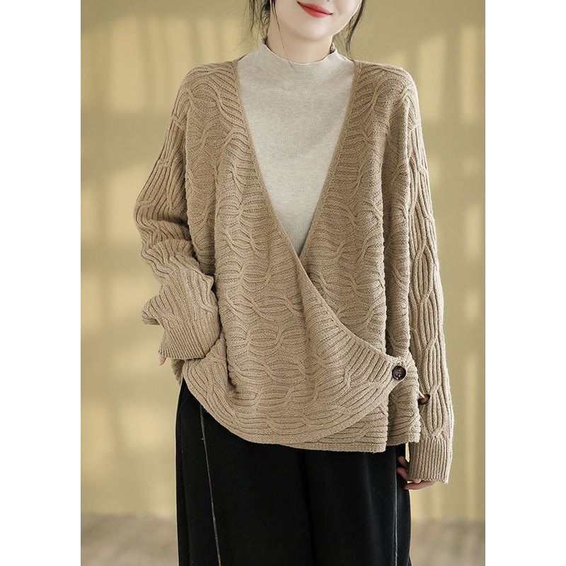 Natural Cocoa V Neck Cozy Knitted Cotton Sweaters Fall