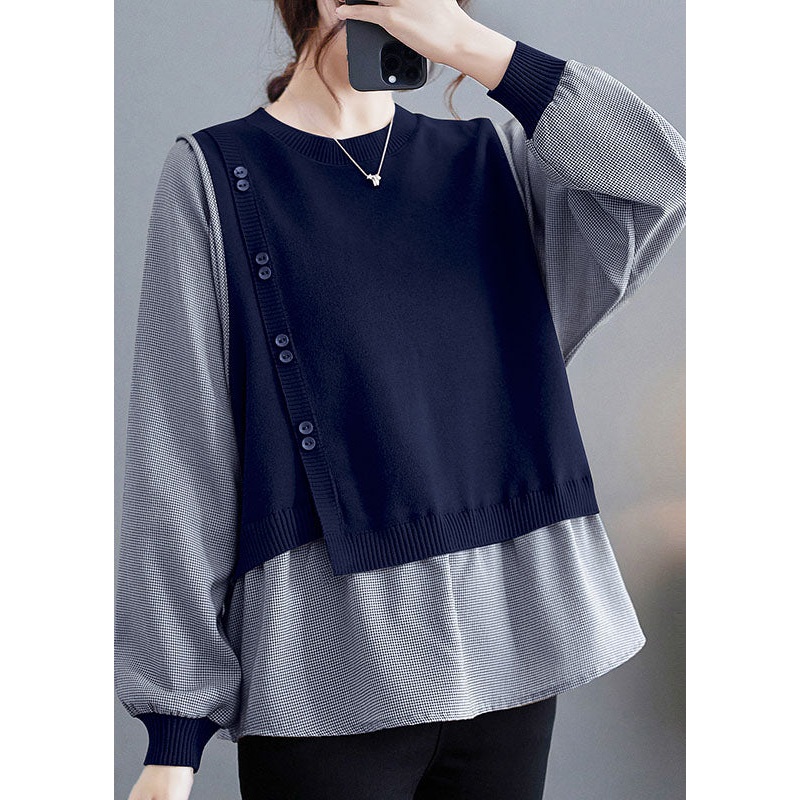 Navy Button Fake Two Pieces Top Long Sleeve