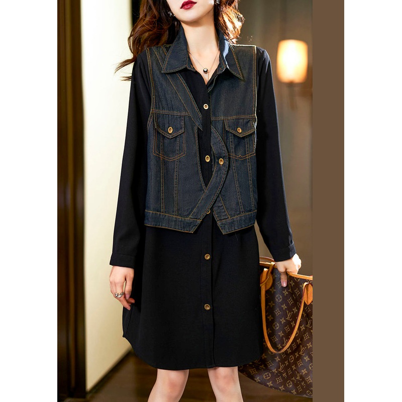 New Black Button Denim Patchwork False Two Pieces Shirt Dress Spring