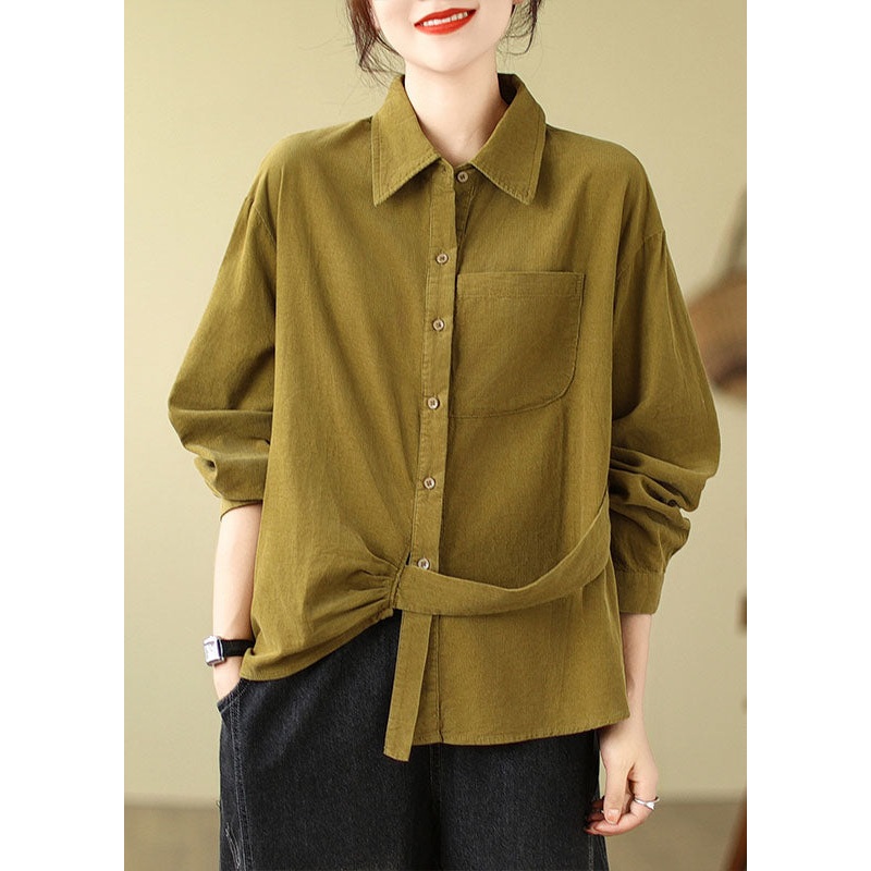 Novelty Ginger Peter Pan Collar Pockets Corduroy Shirt Long Sleeve