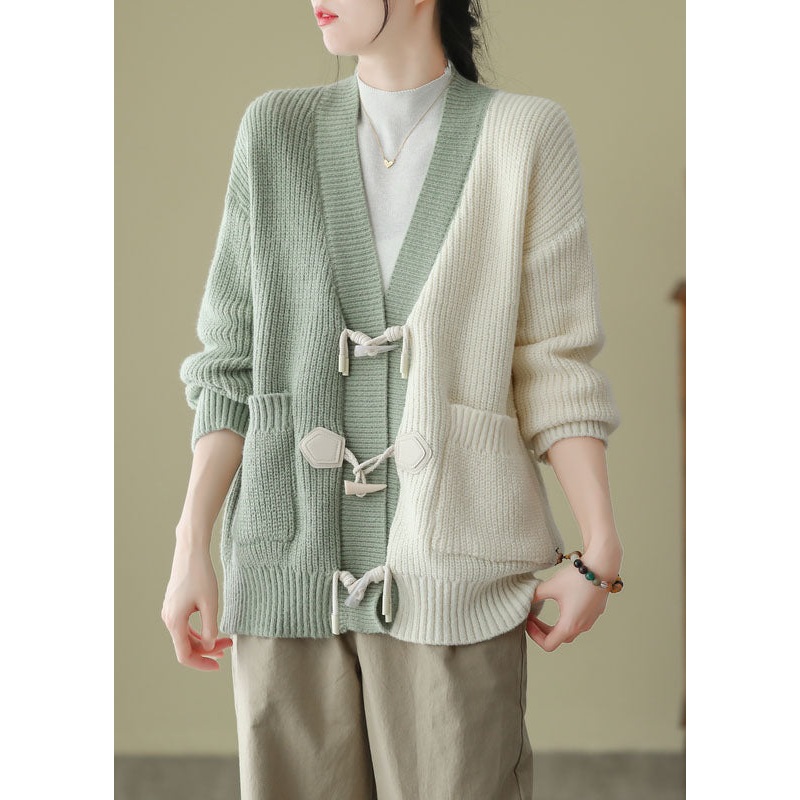 Organic Green V Neck Patchwork Button Thick Cotton Knit Cardigans Fall