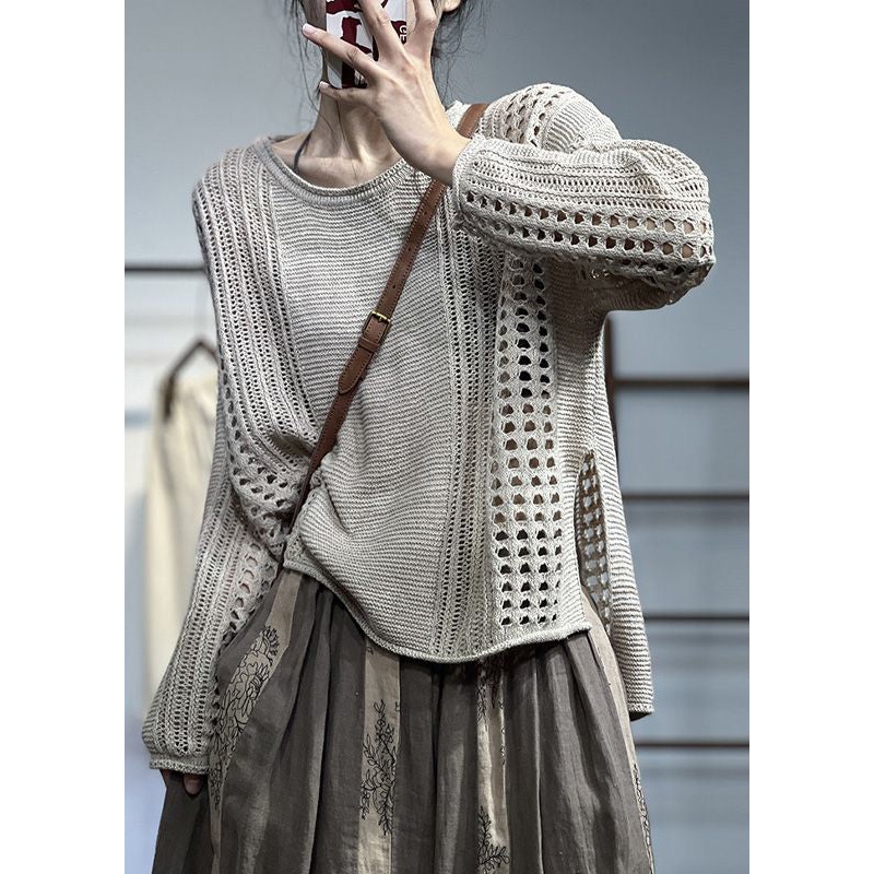 Original Design Beige O Neck Hollow Out Patchwork Knit Top Fall