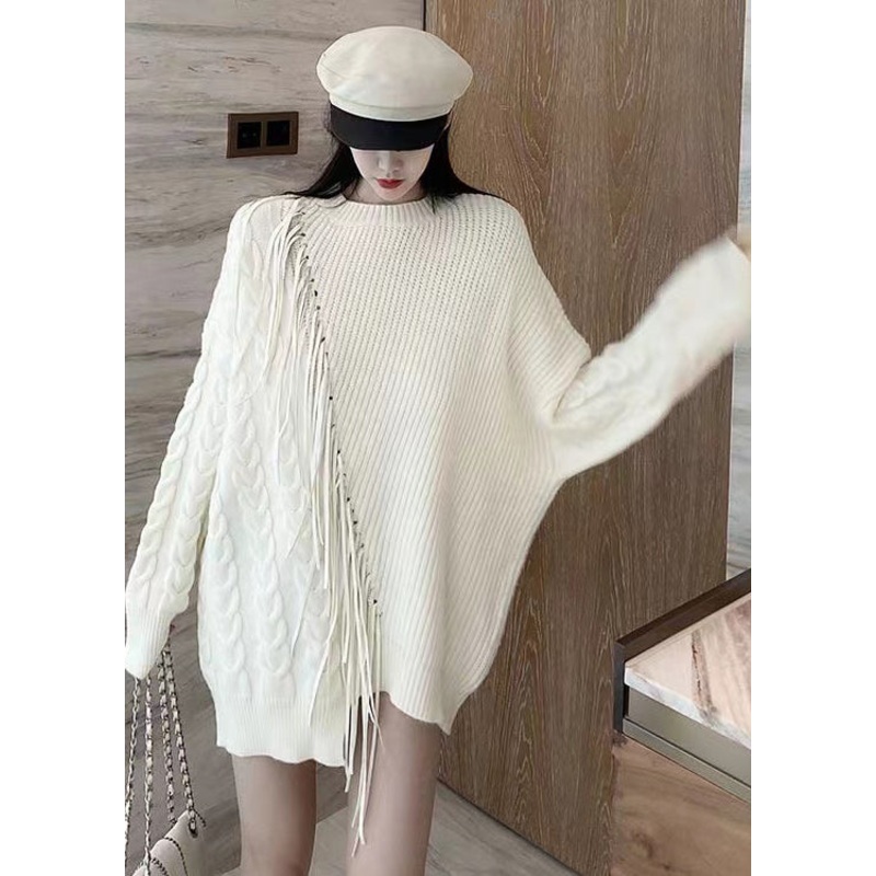 Original Design White O Neck Tasseled Patchwork Knit Sweater Fall