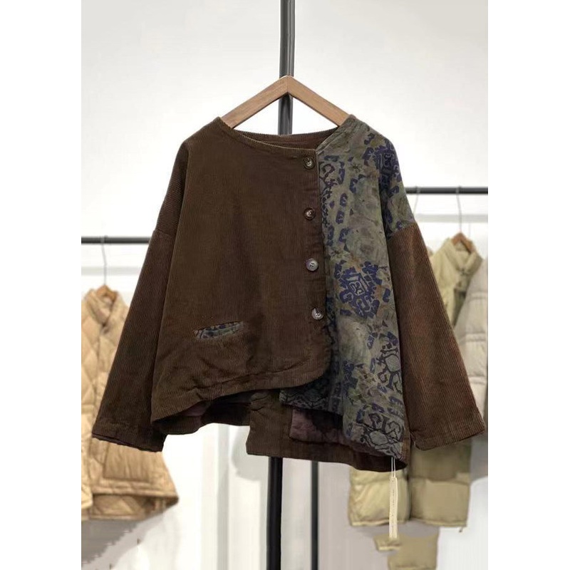 Plus Size Coffee Asymmetrical Patchwork Corduroy Tops Fall