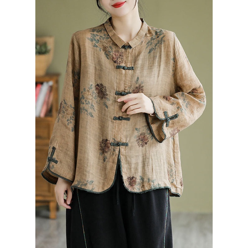 Plus Size Coffee Peter Pan Collar Print Button Shirt Fall