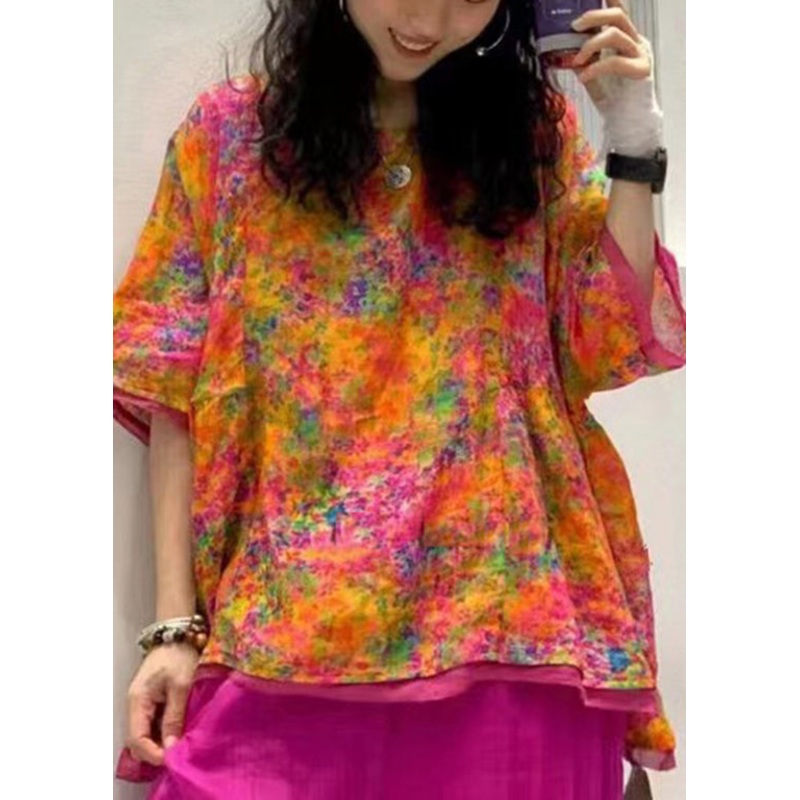 Plus Size Orange O Neck Print Patchwork Linen Blouse Tops Summer