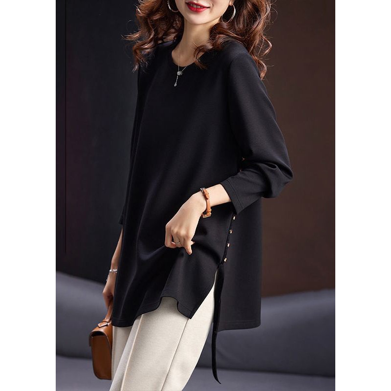 Simple Black  Zircon Side Open Cotton T Shirt Spring