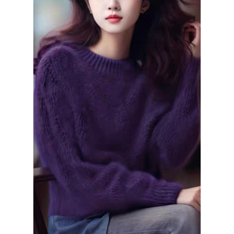 Simple Purple Solid Cozy Cotton Knit Top Long Sleeve