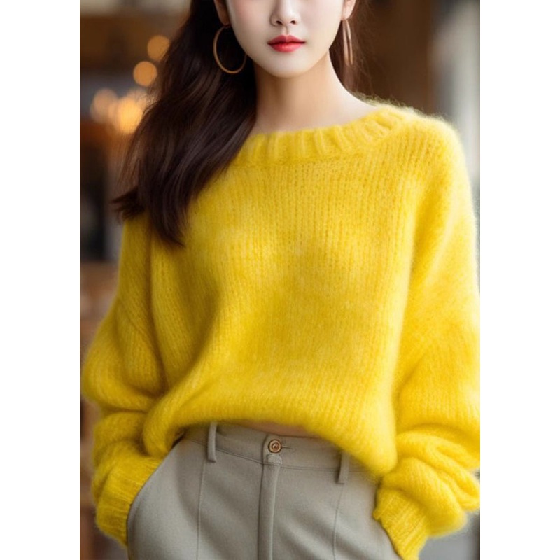 Simple Yellow O Neck Solid Cotton Knit Sweater Long Sleeve