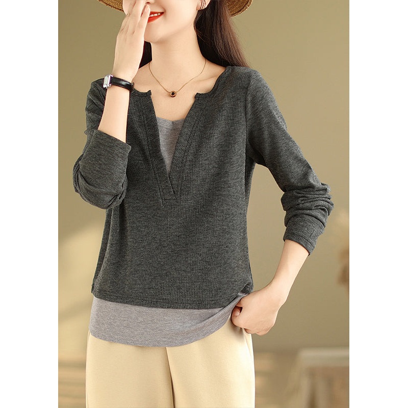Style Grey V Neck Patchwork False Two Pieces Cotton T Shirts Fall