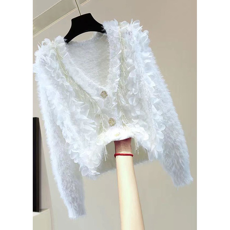 Style White V Neck Tasseled Patchwork Mink Hair Knitted Cardigan Fall