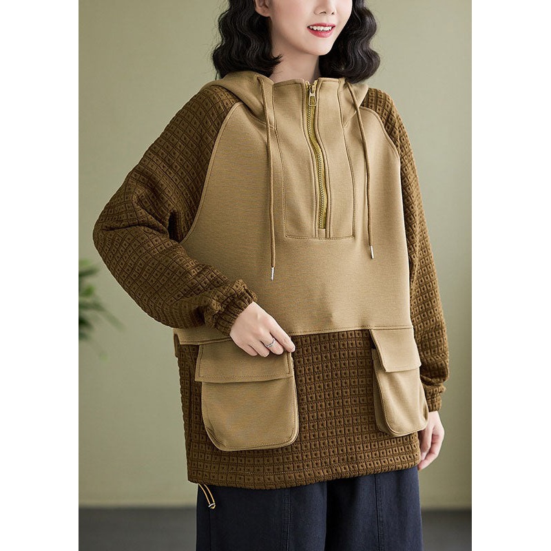 Stylish Coffee Pockets Zippered Patchwork Hooded Pullover Fall