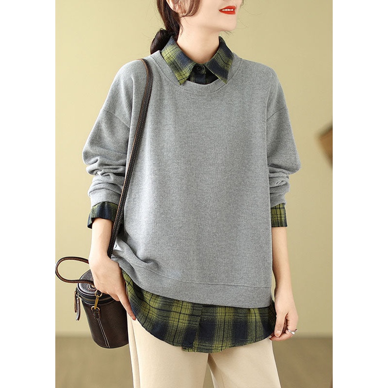 Stylish Grey Peter Pan Collar Patchwork Fake Two Pieces Sweatshirt Fall