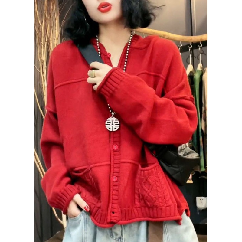 Stylish Red V Neck Pockets Patchwork Knit Cardigan Fall