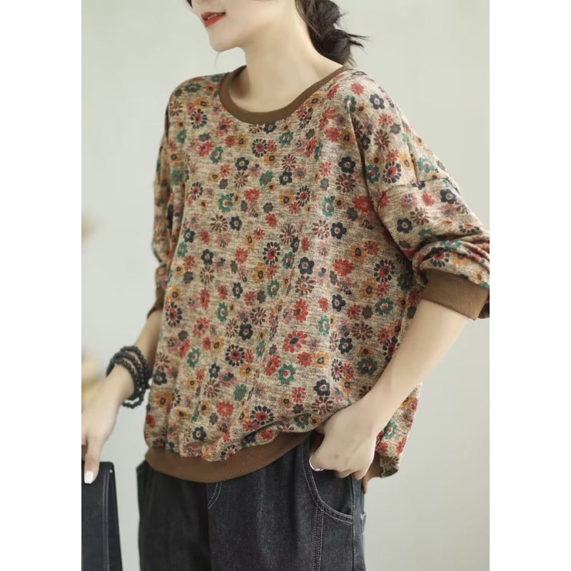 Vintage Khaki O-Neck Print Cotton Knit Sweaters Fall