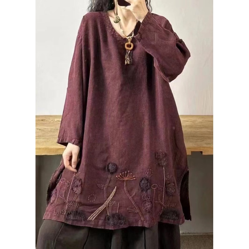 Vintage Mulberry V Neck Embroideried Patchwork Linen Mid Dresses Fall
