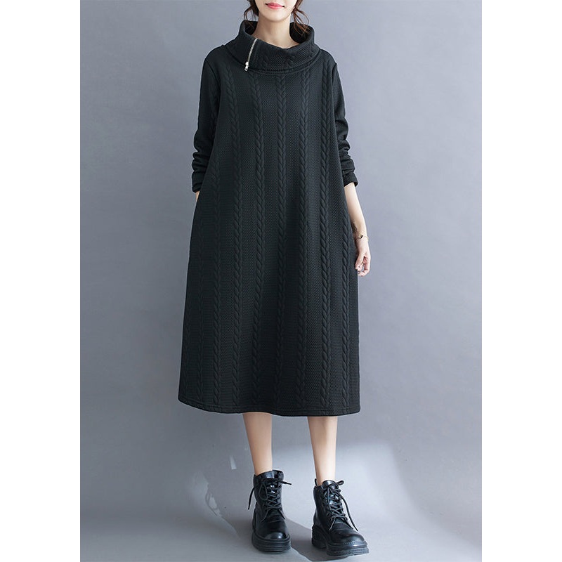 Women Black Asymmetrical Turtleneck Cotton Long Dress Fall