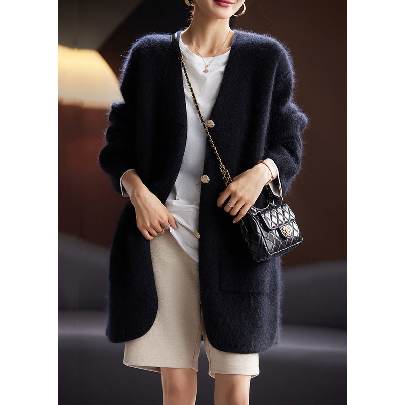 Women Black Button Pockets Cotton Knit Cardigan Long Sleeve
