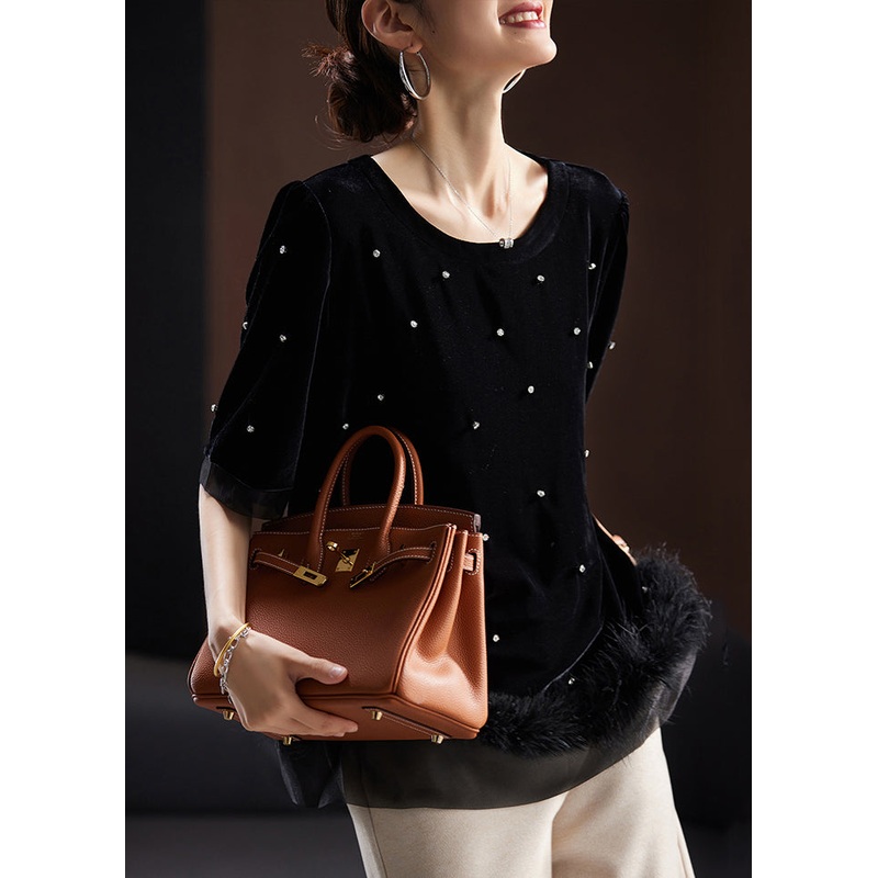 Women Black Zircon Fluffy Patchwork Silk Velour T Shirt Short Sleeve