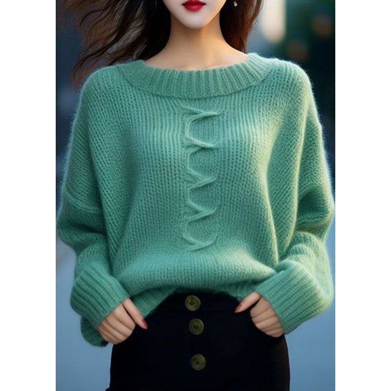 Women Green O Neck Cozy Cotton Knit Sweaters Long Sleeve