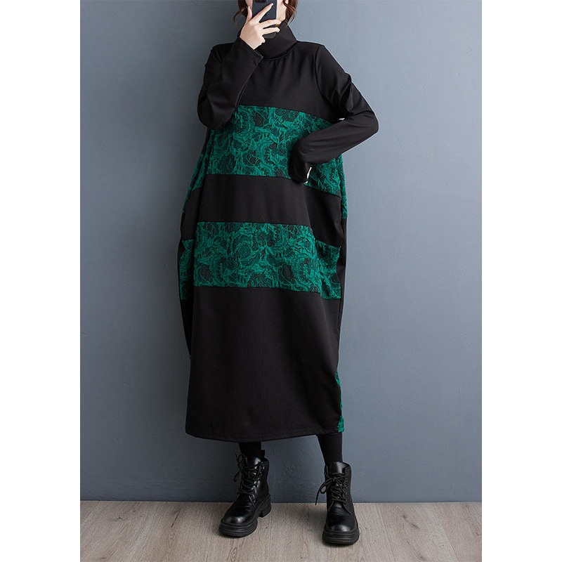 Women Green Turtleneck Patchwork Print Pockets Maxi Dresses Fall