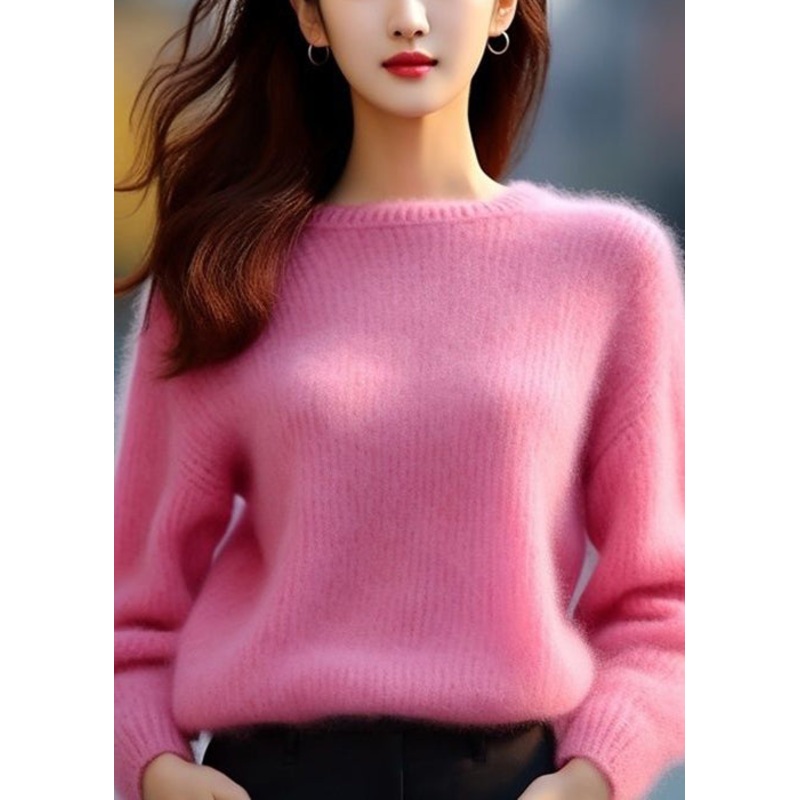 Women Pink O Neck Solid Cotton Knit Sweaters Spring
