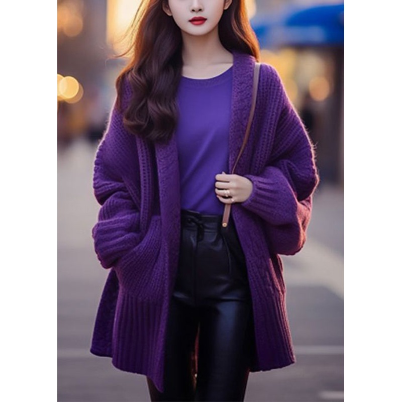 Women Purple V Neck Pockets Cotton Knit Cardigan Long Sleeve