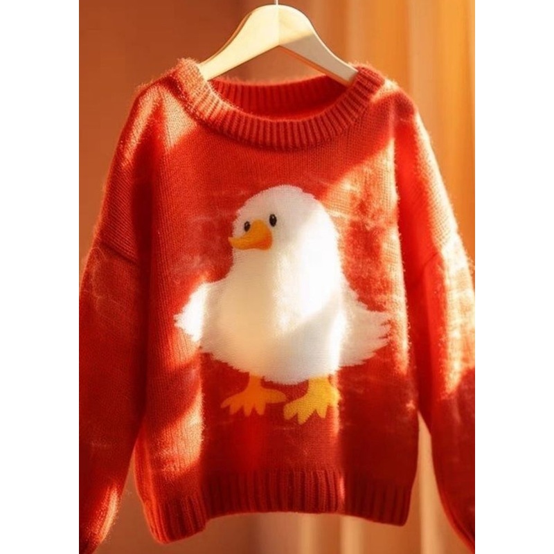 Women Red O Neck Little Duck Cotton Knit  Sweaters Long Sleeve