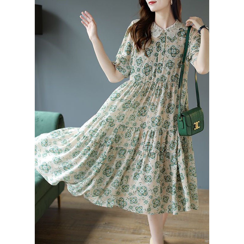 Art Light Green Peter Pan Collar Patchwork Print Chiffon Dress Summer