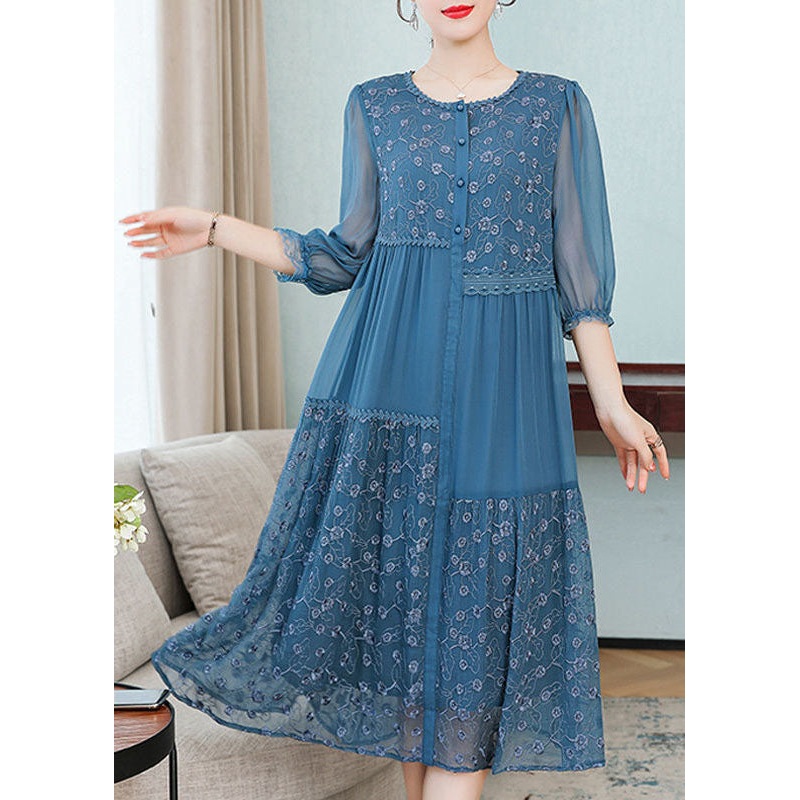 Beautiful Blue Embroidered Patchwork Silk Dresses Spring