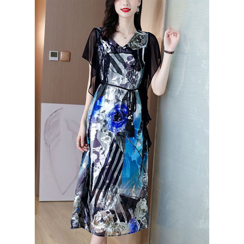 Bohemian Blue V Neck Patchwork Print Silk Dress Summer