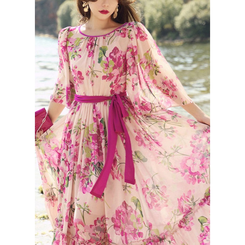 Boutique Pink O-Neck Print Tie Waist Silk Long Dress Half Sleeve