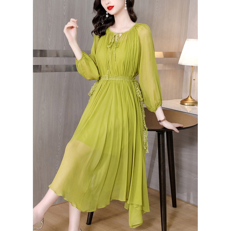 Brief Green O-Neck Wrinkled Chiffon Long Dress Fall
