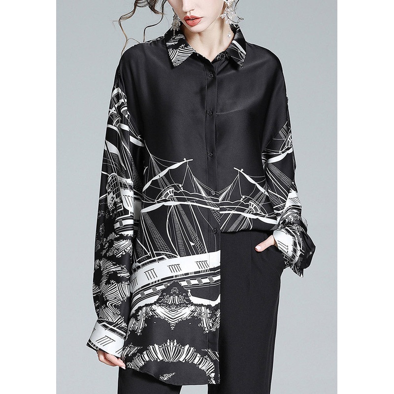 Casual Black Peter Pan Collar Print Button Silk Shirt Long Sleeve