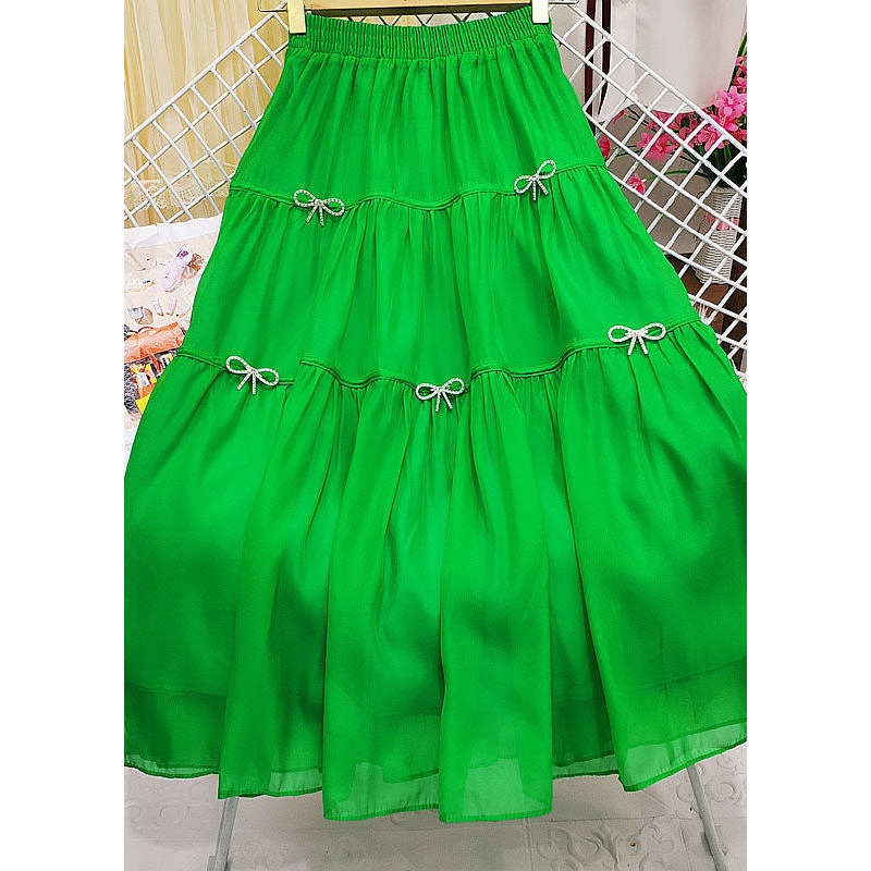 Casual Green Wrinkled Patchwork Bow Zircon Tulle Skirt Summer