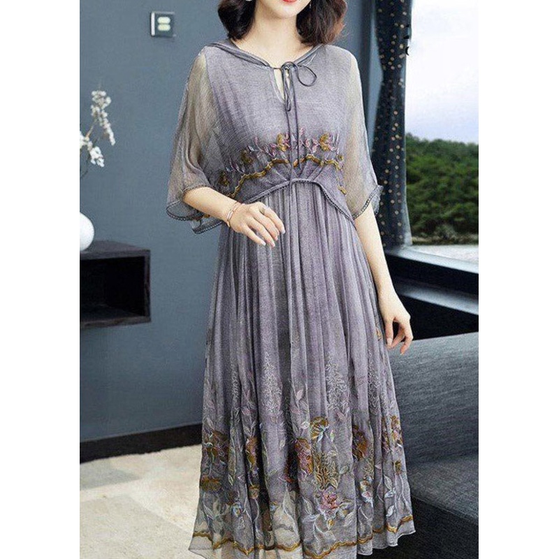 Chic Grey Embroideried Floral Neck Tie Take Two Pieces Hooded Maxi Dresses Summer