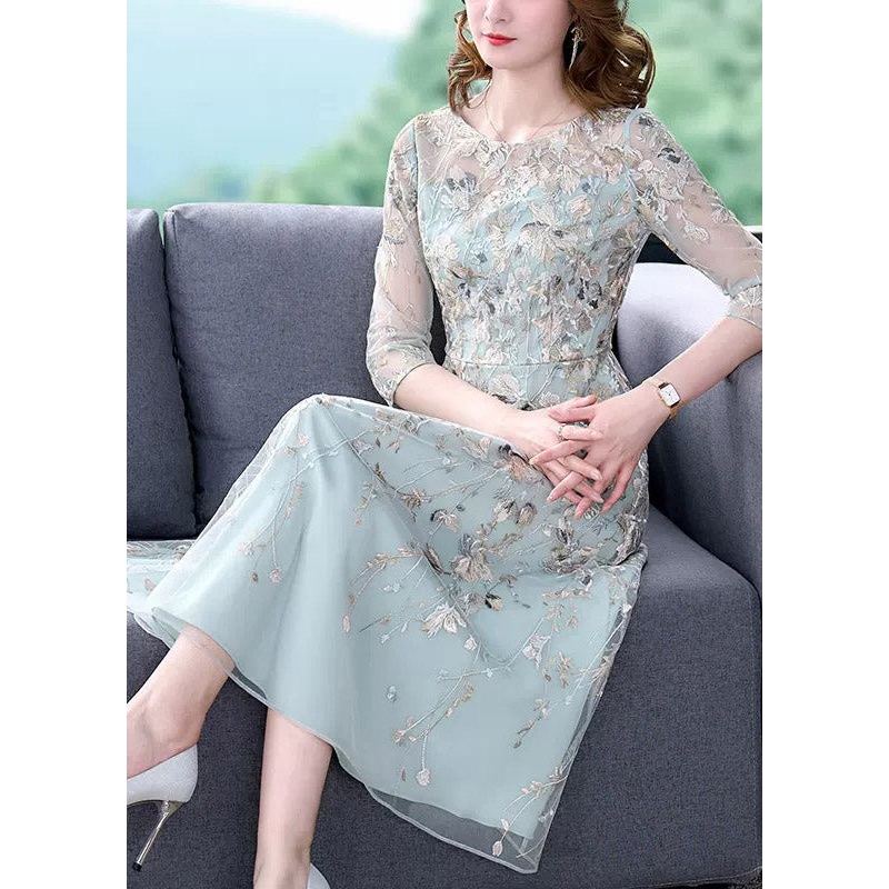Chic Water Blue O-Neck Embroidered Floral Tunic Organza Long Dress Half Sleeve