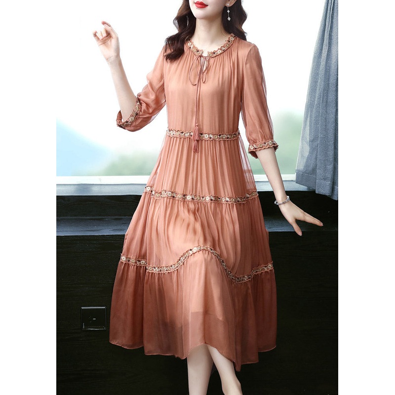 Elegant Orange O-Neck Embroideried Floral Silk Long Dress Summer